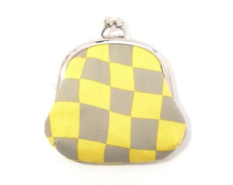 Checkered Wallet, Yellow and Gray Metal Frame Kiss Lock Purse