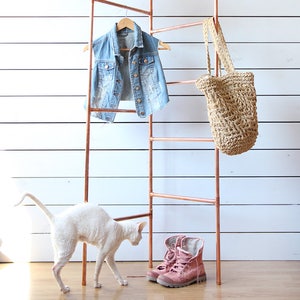 Handmade industrial copper rose gold tone clothes double frame rack minimalist interior convertible ladder corner stand clothing hanger