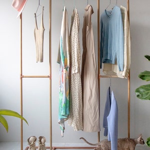 Handmade minimalist interior oak wood copper clothes hanger display frame rack wardrobe storage stand rail