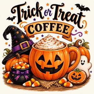 May include: A graphic illustration featuring the text Trick or Treat COFFEE above an orange pumpkin-shaped mug filled with whipped cream. The scene includes a black witch hat, a small black cauldron with candy corn, pumpkins, and a ghost cookie.