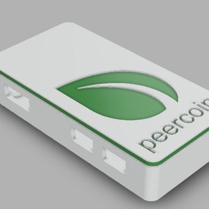 May include: White plastic case with a green leaf logo and the text "peercoin" on the side. The case has several openings for ports.