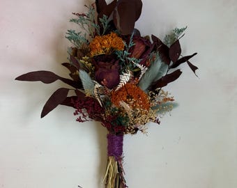 Mini bouquet di fiori secchi e conservati - Rosa vintage e accenti bordeaux