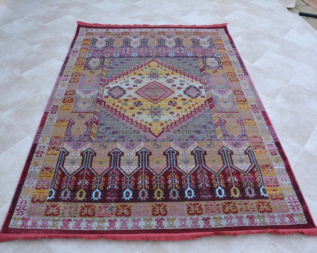Vintage Rug Distressed Antique Modern Multicolour Carpet Pink Tribal