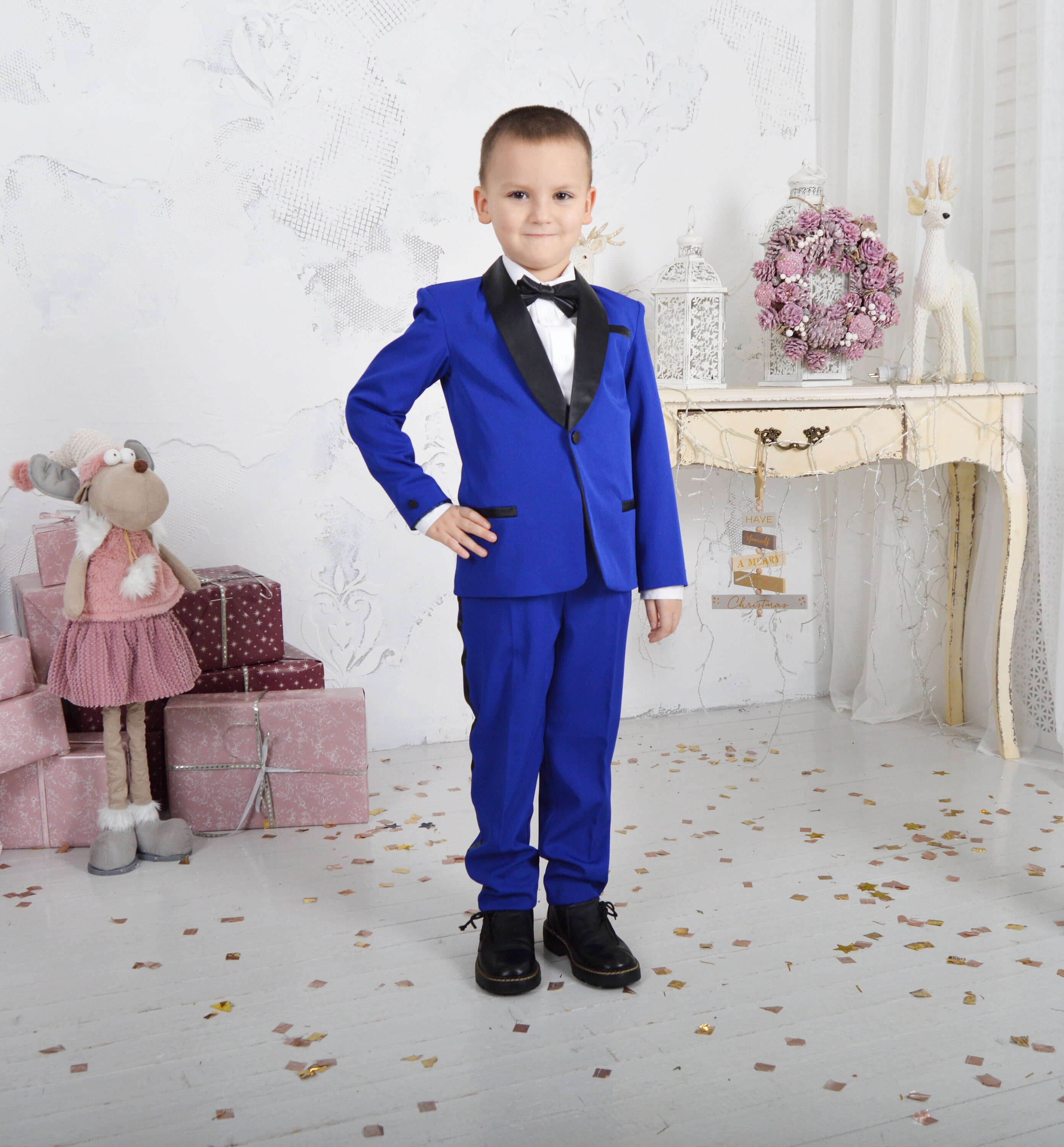 Boy tuxedo outfit Royal blue Black Formal boy suit Wedding boy Etsy
