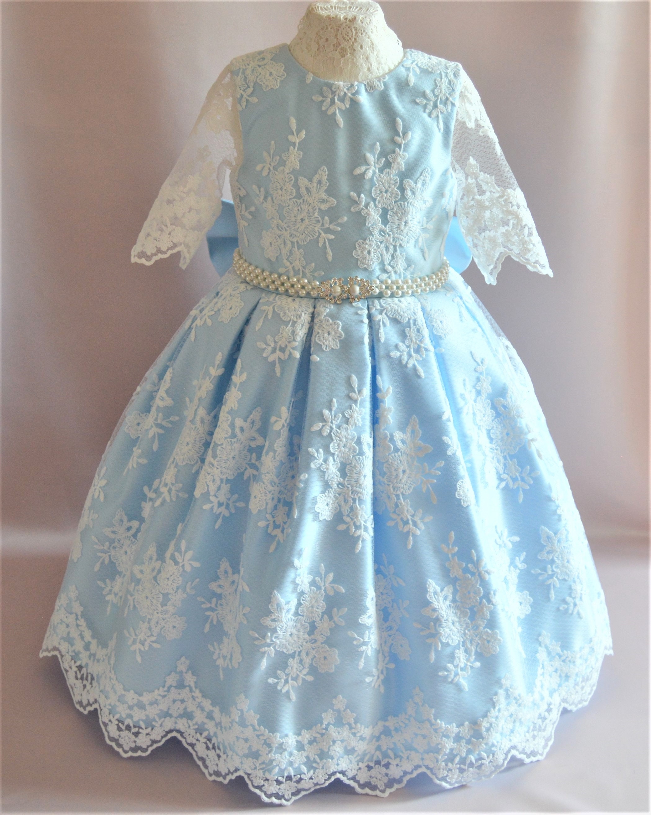 Light blue flower girl dress White lace baby dress Bead belt Etsy