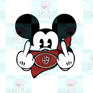 Puede incluir: Un ratón de dibujos animados en blanco y negro con un pañuelo rojo con un escudo dorado que dice "49". El ratón está haciendo el dedo medio con ambas manos.