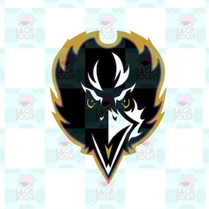May include: A black and white mascot logo featuring a bird's head with a gold outline. The bird has a sharp beak and a fierce expression.