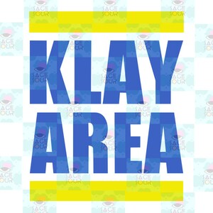 Peut inclure: Un graphique bleu et jaune avec le texte "KLAY AREA" en lettres bleues, grasses. Le texte est entouré d'une bande jaune en haut et en bas.