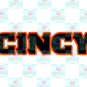 Puede incluir: Texto negro y naranja que dice "CINCY" con un patrón de cuadros dentro de las letras.