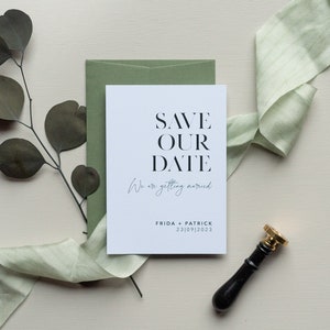 30x Save-the-Date Card "Modern Chic" | Uitnodigingskaart, Groen, Eucalyptus, Huwelijksuitnodiging, Groene Bruiloft, Industriële Chic, eenvoudig