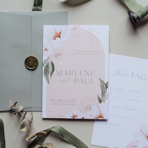 30x Einladung "Peonies Forever" | Einladungskarte, moderne Hochzeitseinladung, elegant, romantisch, Creme, Blush, Grau, Salbei, Pfingstrosen
