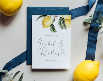 30x Save-the-Date-Karte "Lemon Summer Wedding" | Einladungskarte, moderne Hochzeit, Zitrone, mediterean, Olive, Blau, Gelb, Italian Wedding