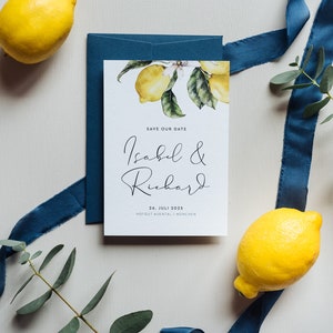 30x Save-the-Date-Karte "Lemon Summer Wedding" | Einladungskarte, moderne Hochzeit, Zitrone, mediterean, Olive, Blau, Gelb, Italian Wedding