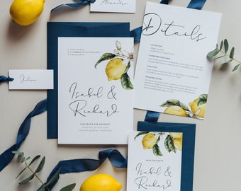 Musterkarte "Lemon Summer Wedding" | Einladungskarte, moderne Hochzeit, Zitrone, mediterean, Olive, Blau, Gelb, Italian Wedding, Toskana