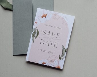 30x save-the-date card "Peonies Forever" | modern wedding invitation, elegant, romantic, cream, blush, gray, sage, peonies