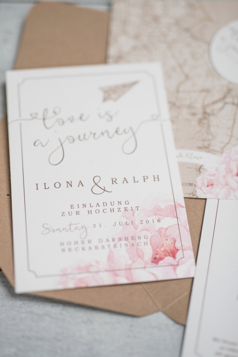 40x vintage wedding invitation Love is a journey Invitation Wedding Love is a journey, invitation card, paper plane, travel motto image 2