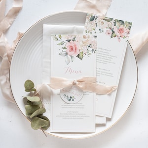 50x Menù “Giardino Romantico” | Menù | Biglietto pieghevole | Floreale | fiori | matrimonio | Rose | Matrimonio in giardino | elegante | Decorazione della tavola | bevande