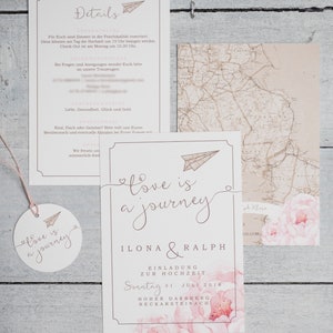 40x vintage wedding invitation Love is a journey Invitation Wedding Love is a journey, invitation card, paper plane, travel motto image 4