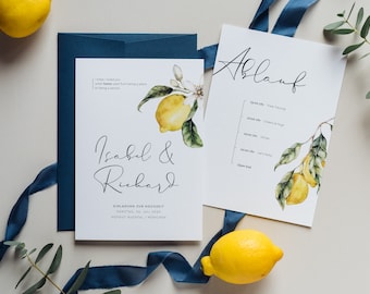 30x Einladung "Lemon Summer Wedding" | Einladungskarte, moderne Hochzeit, Zitrone, mediterean, Olive, Blau, Gelb, Italian Wedding, Toskana