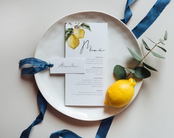 50x “Lemon Summer Wedding” menu card | Wedding Menu, Modern Wedding, Lemon, Mediterranean, Olive, Blue, Yellow, Italian Wedding, Tuscany