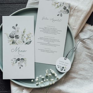 50x karta menu „Modern Botanical” | Menu weselne | Zieleń | Eukaliptus | Ślub Boho | Zielone wesele | Industrialny szyk | Dekoracja stołu