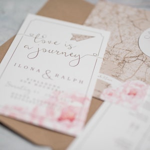 40x vintage wedding invitation Love is a journey Invitation Wedding Love is a journey, invitation card, paper plane, travel motto image 3