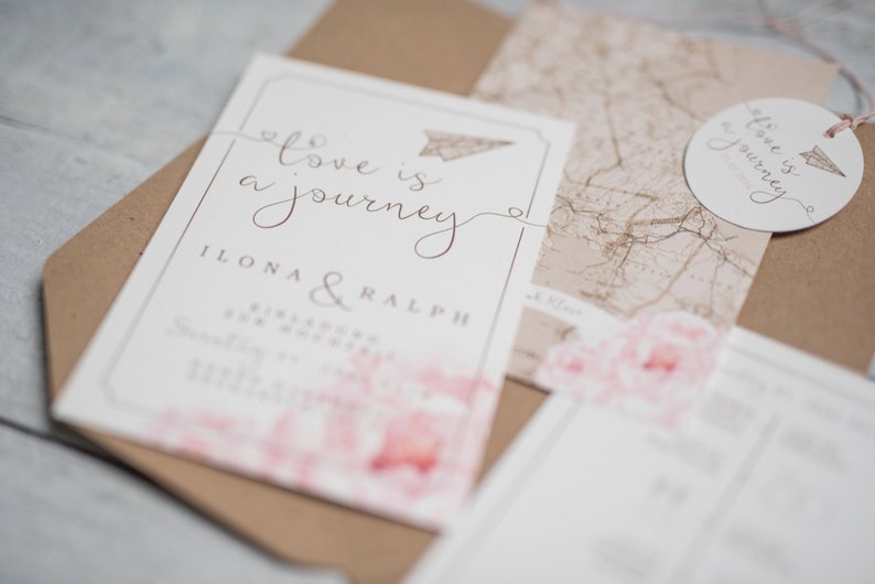 40x vintage wedding invitation Love is a journey Invitation Wedding Love is a journey, invitation card, paper plane, travel motto image 3