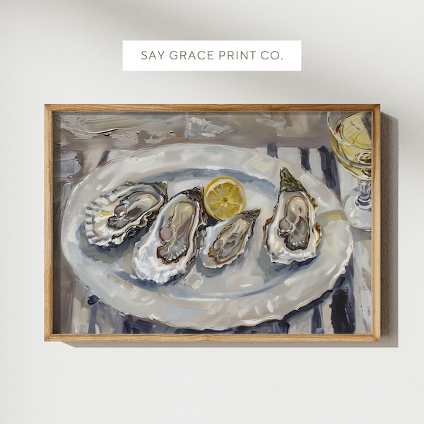 PRINTABLE Oyster Painting, Downloadable Prints, Seafood Kitchen, Large Printable Art, Bathroom Art Instant Download, Beach House, Oyster Art