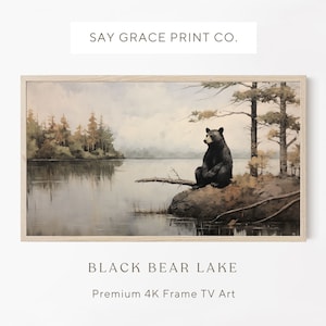 Samsung Frame Tv Art, Lake Landscape Art For Frame Tv, Black Bear, Spring Tv Art, Mountain Lake Art For Frame Tv, Canadian Lake Tv Frame Art