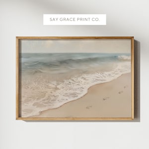 PRINTABLE Footprints In The Sand, Antique Ocean Oil Painting, Sand Dunes, Christian Prints, Coastal Wall Decor, Neutral Vintage Wall Art