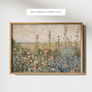 PRINTABLE Wildflower Field Landscape Oil Painting, Vintage Farm House, Country Field Landscape Painting Printable, Art Digital Download