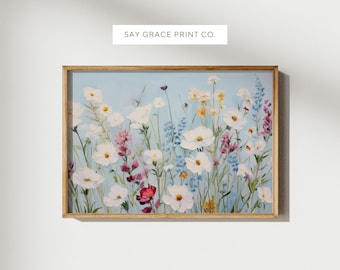 Blauwe vintage wilde bloemen kustschildering: strandhuiskunst (afdrukbaar)