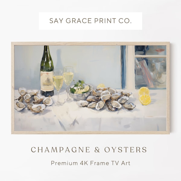 Samsung Frame Tv Art, Champagne and Oysters Art, Kitchen Art, Dining Art, Lemon Art, Summer Tv Art, Textured Tv Art, Vintage Painting, Wine