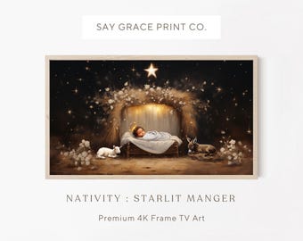 May include: A digital painting of a nativity scene with a baby in a manger, a lamb, and a donkey. The scene is set in a barn with a star shining brightly in the night sky. The painting is titled "Nativity: Starlit Manger" and is described as "Premium 4K Frame TV Art".