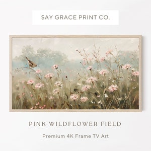 Samsung FRAME TV-Kunst Rosa Wildblume, Frühlingsfeld mit Blumen TV-Kunst, Vintage-Landschaftsfeld, Wildblumenfeld, Landgemälde, Bauernhaus