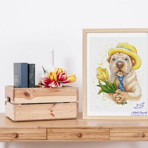 Gentelman Dog in a Yellow Hat with Yellow Tulips Cross Stitch Pattern PDF Instant Download, Colorful Dog Cross Stitch Pattern, Gift for mom