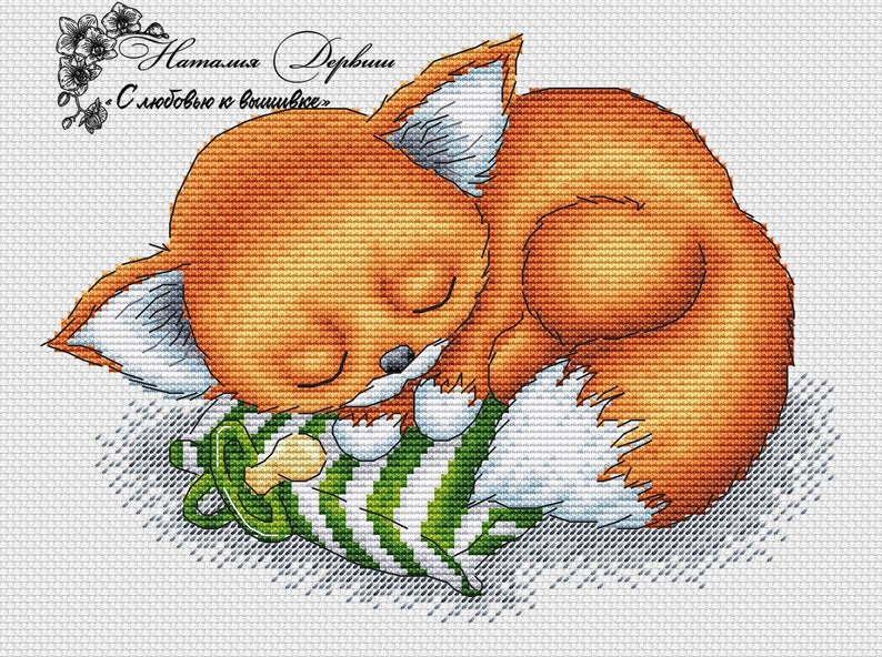 Sleeping Fox Cross Stitch Pattern PDF Instant Download Embroidery Cute Wall Decor Nursery Cross Stitch Fox Cross Stitch Green