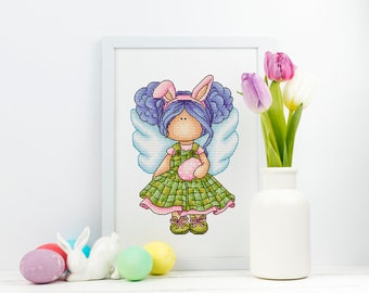 Easter Angel cross stitch pattern PDF, Easter cross stitch, Doll cross stitch, Girl cross stitch, Girl with bunny ears cross stitch