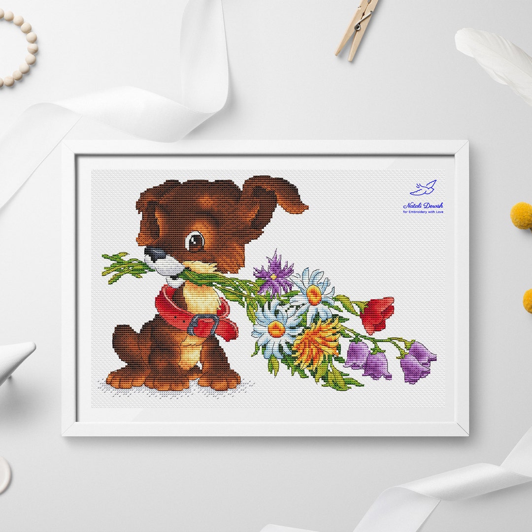 cute-dog-with-flowers-cross-stitch-pattern-nursery-decor-pdf-download