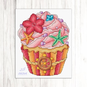 Cupcake with Starfish Cross Stitch Pattern PDF,  Cake Cross Stitch,  Summer Cross Stitch, Sea Cross Stitch, Kitchen Decor