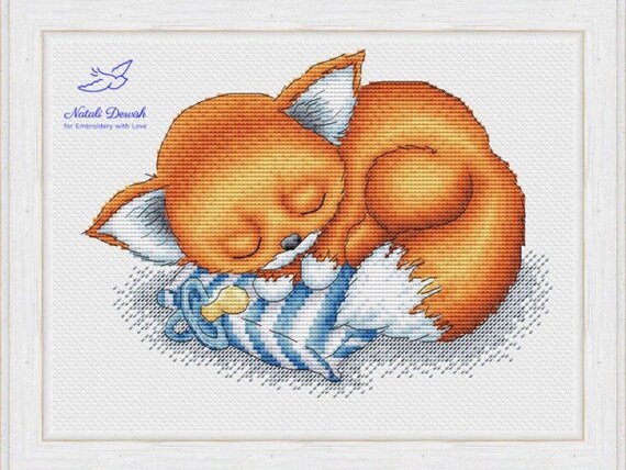 Sleeping Fox Cross Stitch Pattern PDF Instant Download Embroidery Cute Wall Decor Nursery Cross Stitch Fox Cross Stitch Green