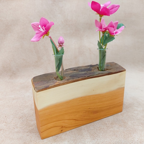 Natural bark edge Yew wood flower vase with glass test tubes