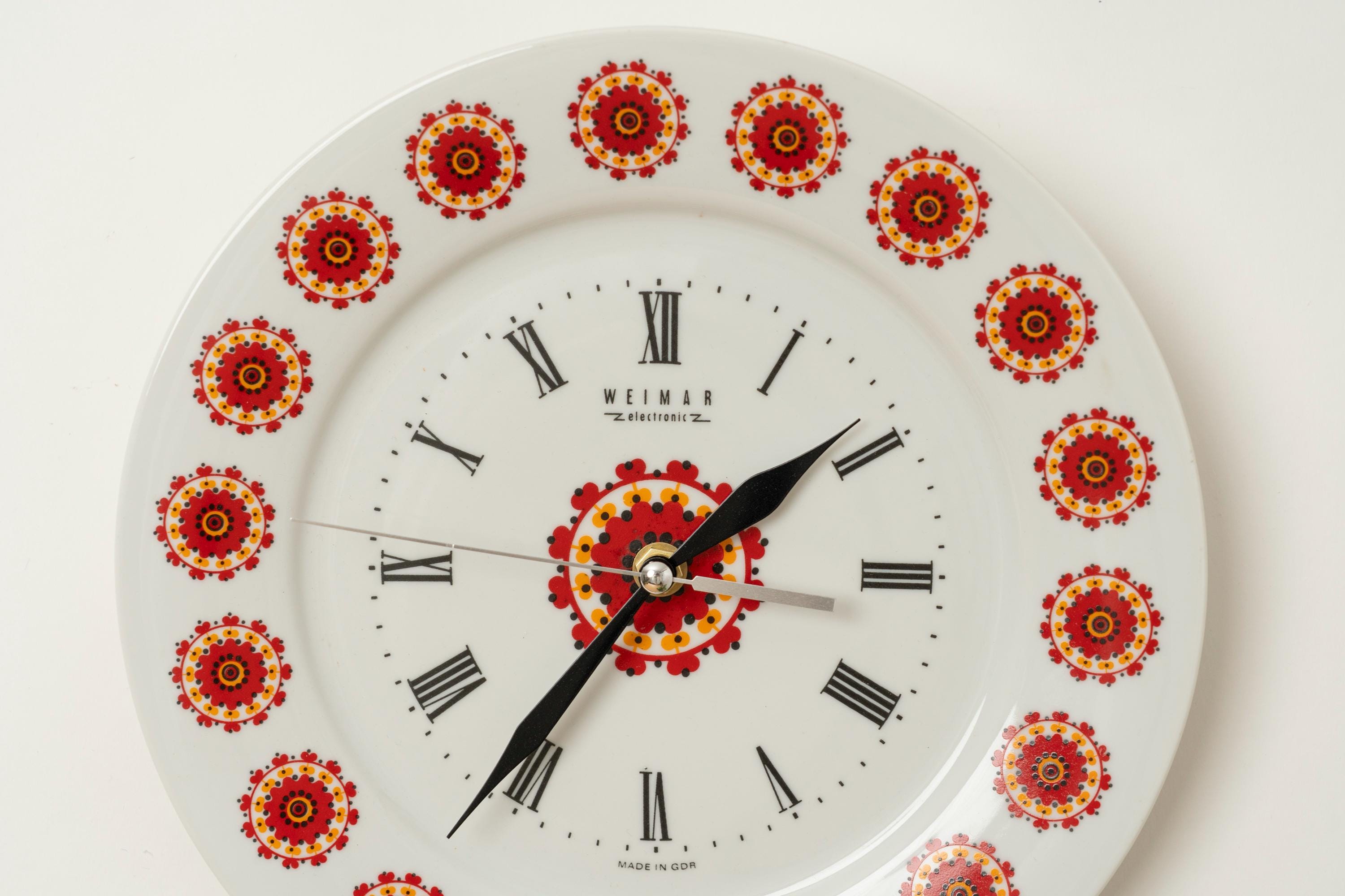 Vintage Weimar Porcelain Plate Wall Clock / Flowers / Made in GDR