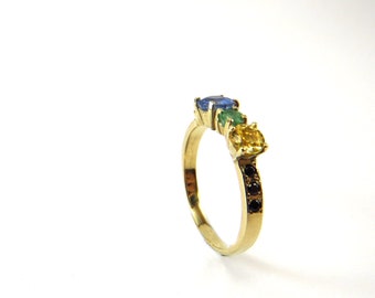 Vintage and classic engagement ring, delicate and special with 9 gem stones: Black Diamonds, Sapphires and Emerald, Solid Gold Ring,14K, 18K