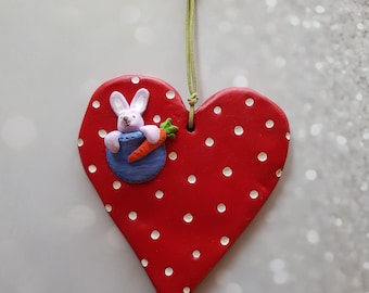 A Bunny In The Pocket Heart Ornament, gift for her, handmade ceramic sculpture, Home Decor, Housewarming Gift, New Home, Valentines Day Gift