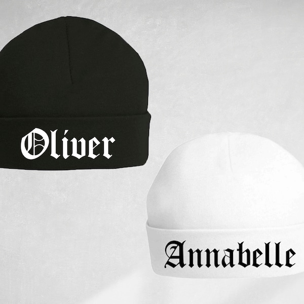 custom personalised name baby beanie hat, name in gothic typography