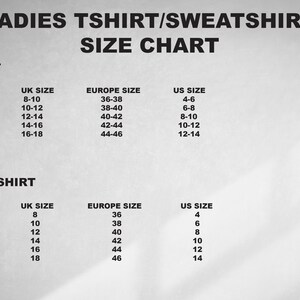 K&ouml;nnte beinhalten: Gr&ouml;&szlig;entabelle f&uuml;r Damen-T-Shirts und -Sweatshirts. Die Tabelle zeigt die Gr&ouml;&szlig;en UK, Europa und USA. Die Gr&ouml;&szlig;en reichen von XS bis XXL.
