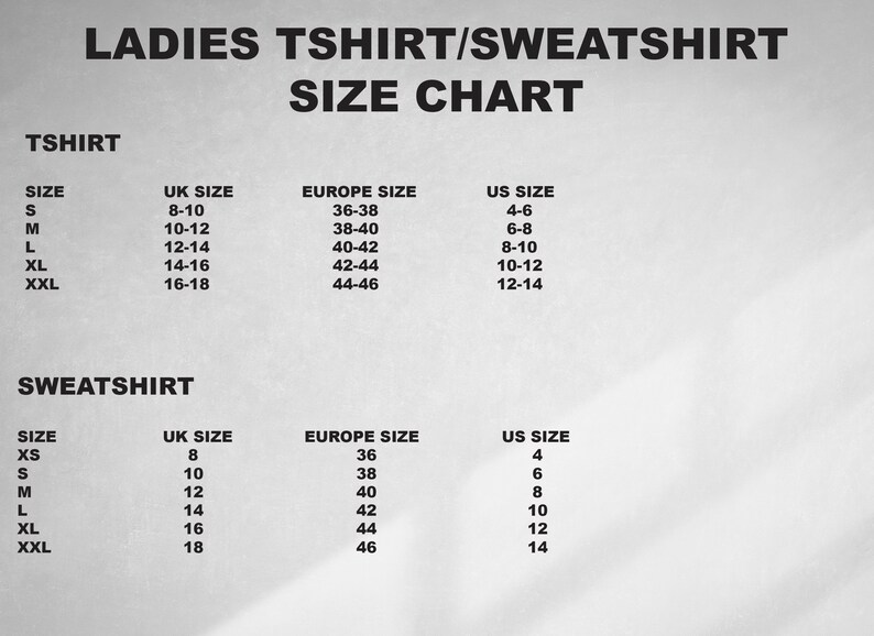 K&ouml;nnte beinhalten: Gr&ouml;&szlig;entabelle f&uuml;r Damen-T-Shirts und -Sweatshirts. Die Tabelle zeigt die Gr&ouml;&szlig;en UK, Europa und USA. Die Gr&ouml;&szlig;en reichen von XS bis XXL.