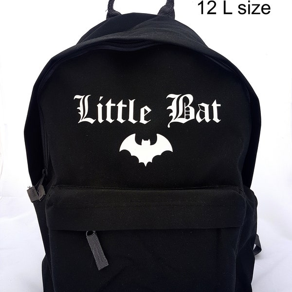 Little bat backpack in toddler, kids and adult sizes with old english text.
