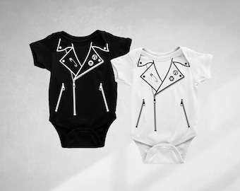 leather jacket (moto jacket) print punk, baby grow, bodysuit, baby outfit with short sleeve